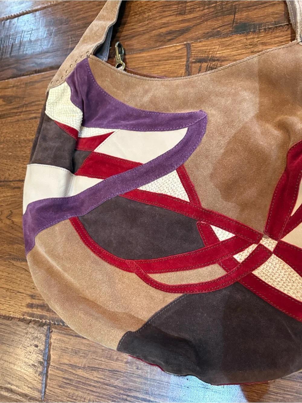 Y2K Vintage Lucky Brand Suede Patchwork Hobo in Red, Purple, Tan, Cream, Brown